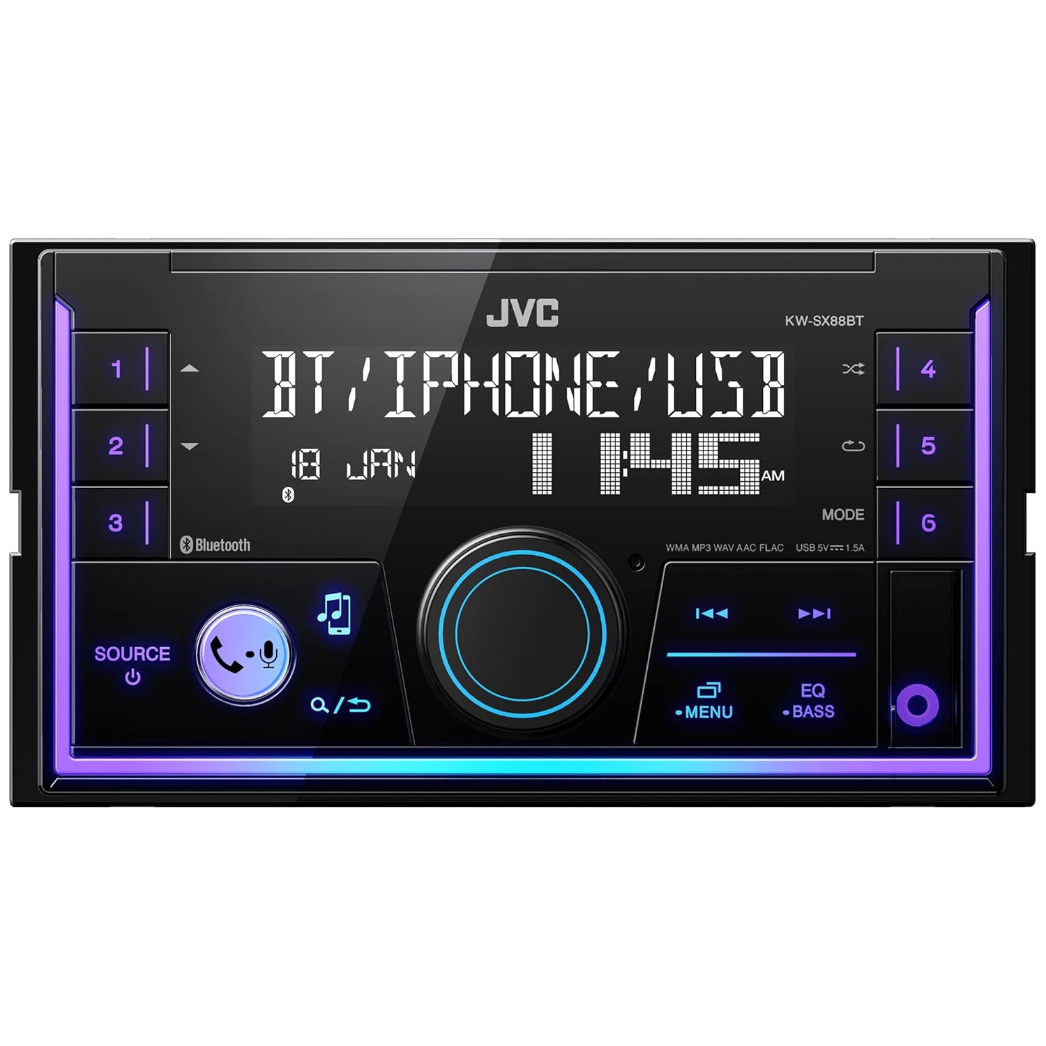 JVC KW-SX88BT Bluetooth Double DIN Digital Media Receiver with Shallow Chassis Variable Color Display Front USB APowerful Amp