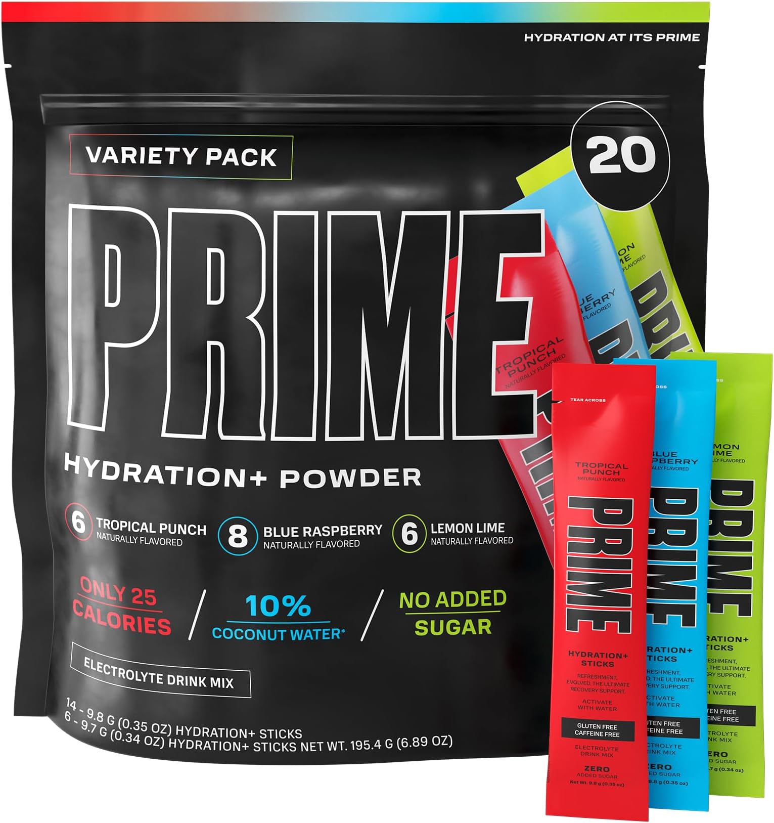 PRIME HYDRATION+ Sticks VARIETY PACK | Hydration Powder Single Serve | Electrolyte Powder On The Go | Low Sugar | Caffeine-Free | Vegan | 20 Sticks