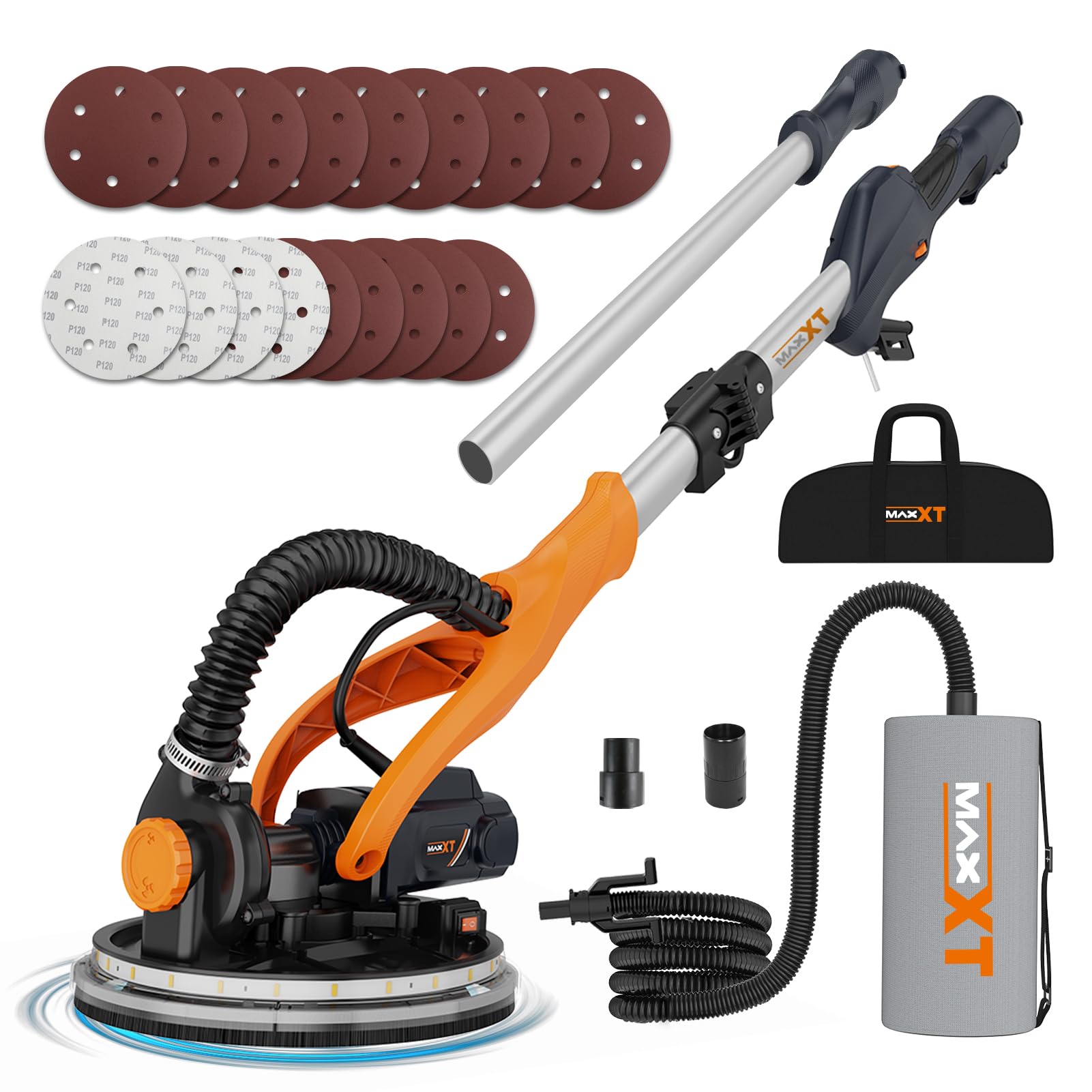 MAXXT Levigatrice per cartongesso Pieghevole Con aspirazione polvere VERO sistema di autoaspirazione Luce LED impugnatura telescopica Velocità variabile Motore 820W Sei dischi abrasivi 225mm