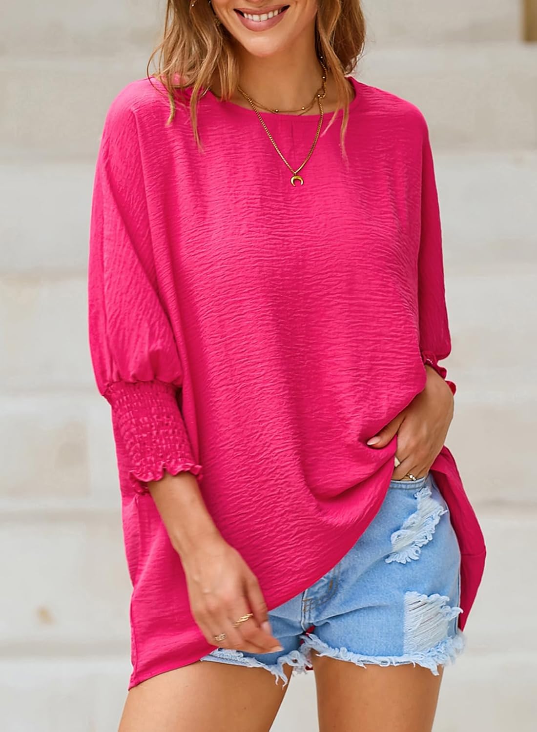 Dokotoo 3/4 Length Sleeve Womens Tops Dressy Casual Blouses Boat Neck Batwing Babydoll Top - Image 2