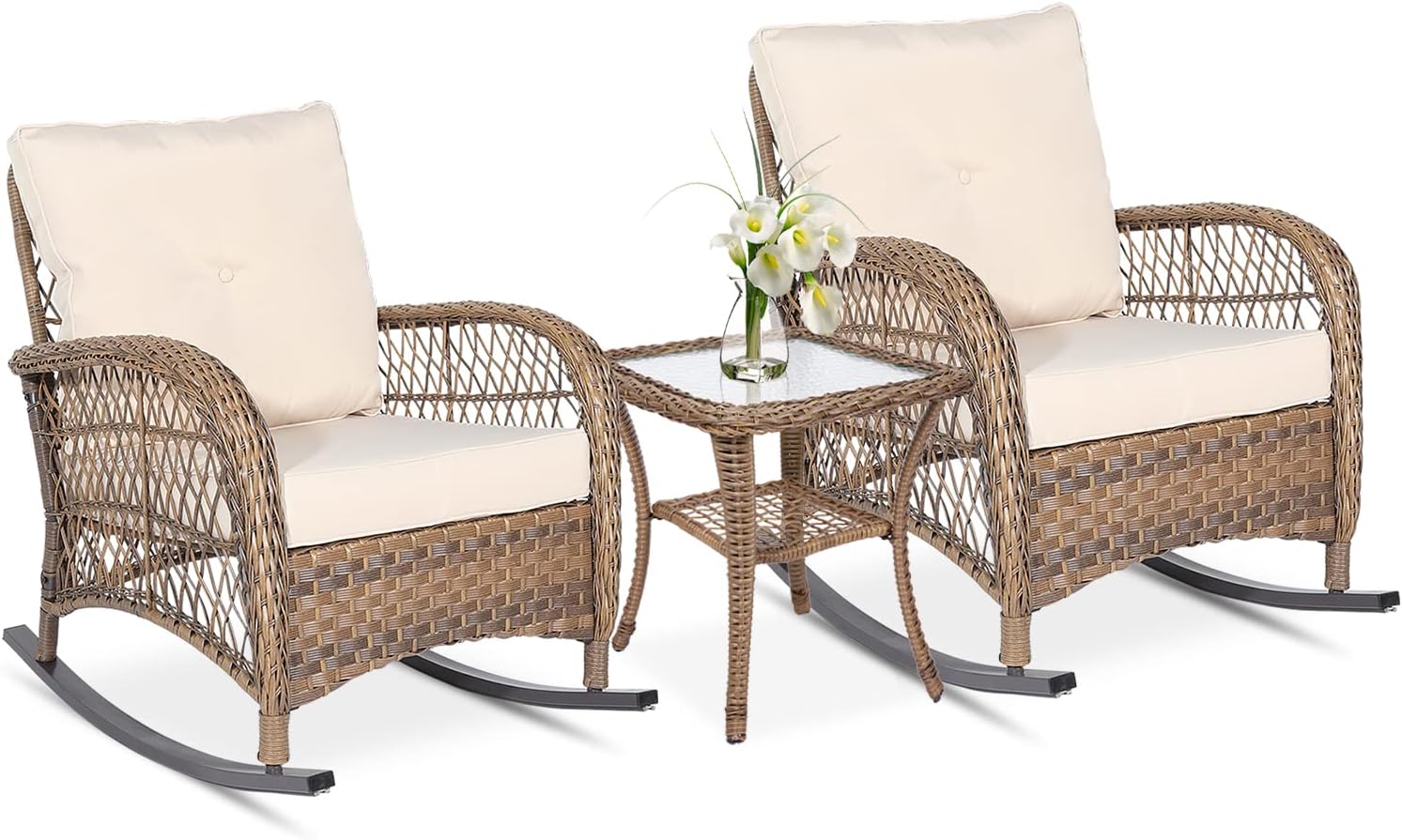 VIVIJASON 3-Piece Outdoor Conversation Bistro Set, Patio Wicker Rocking Chairs Rattan Furniture Sets w/ 2 Rattan Chairs, Cushions, Glass Top Side Table for Garden Porch Backyard