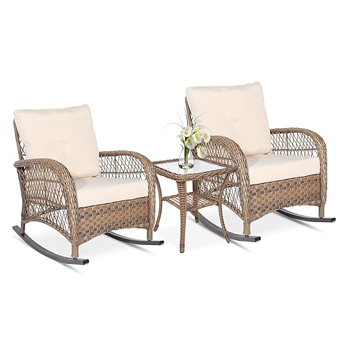 3-Piece Outdoor Conversation Bistro Set, Patio Wicker Rocking Chairs Rattan