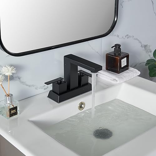Miniatura 5 de Centerset - Grifo de baño negro mate, grifo de lavabo de baño de 4 pulgadas, 2 asas, lavabo, caravanas, grifos de tocador de baño para fregadero de