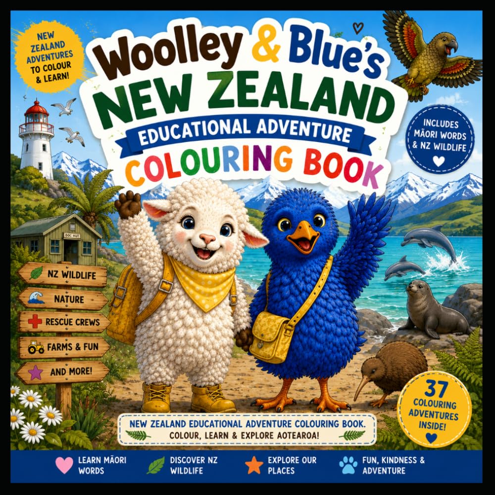New Zealand educational adventure colouring book: Includes Māori words and NZ wildlife (Woolley and Blue's Adventures)