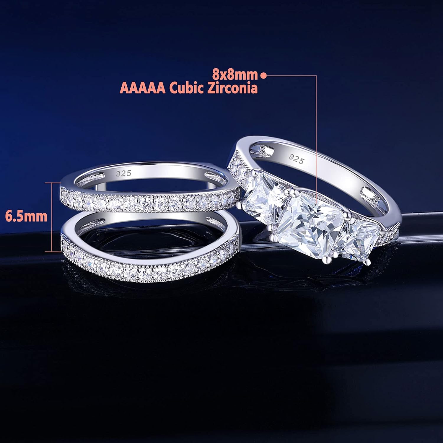SHELOVES Three-Stone Princess Cut AAAAA Cz Wedding Rings Set Ring Enhancers 925 Sterling Silver Sz 5-13 : Clothing, Shoes & Jewelry