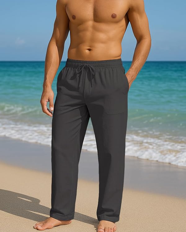 PIDOGYM Mens Cotton Linen Pants Beach Casual Pajama Pants with Pockets by PIDOGYM - Used condition - Image 4