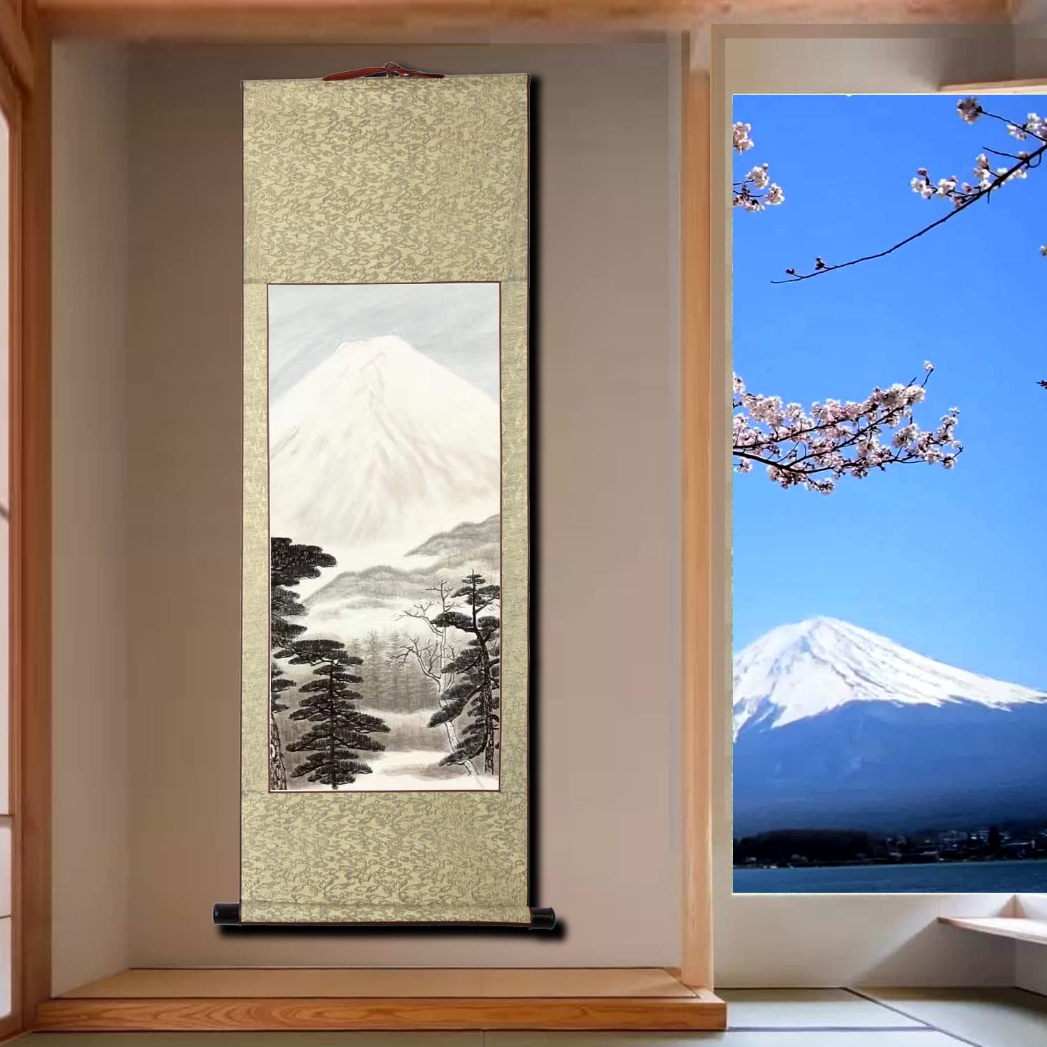 Amazon.co.jp: 画家手描き 掛軸 掛け軸 おしゃれ 水墨山水画 富士山 四