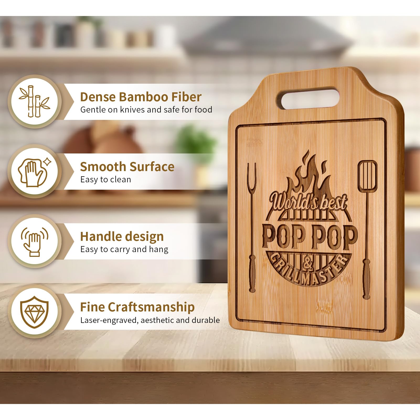 AceThrills Pop Pop Gifts for Pop Pop Christmas Gifts for Birthday, Fathers Day - 12.2"L × 8.7"W × 0.4"Th Engraved Bamboo Cutting Board