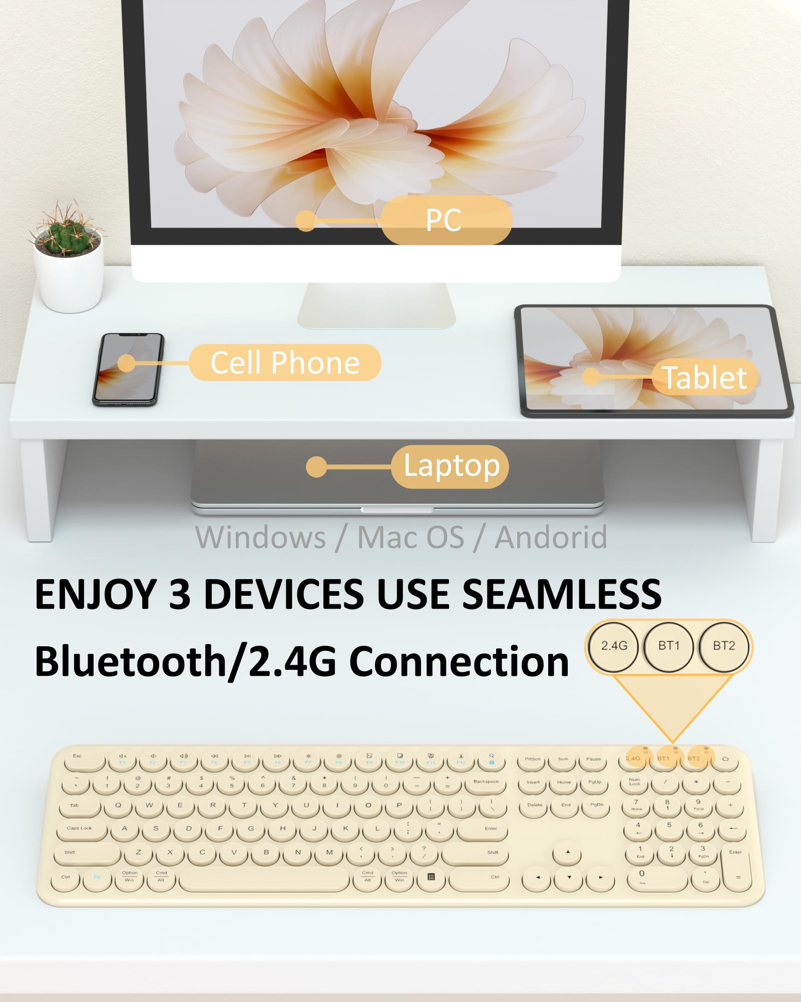 Teclado Bluetooth silencioso – Teclado inalámbrico estético multidispositivo – 110 teclas de tamaño completo delgado lindo teclado para laptop, computadora, PC, portátil, Windows, Mac OS, Android