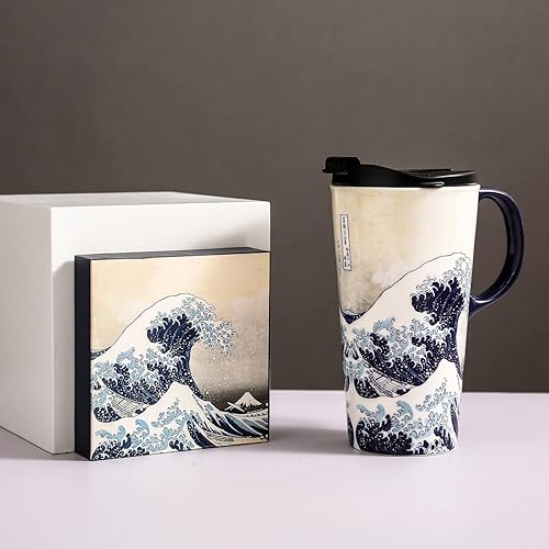 Miniatura 7 de Taza de viaje de café de cerámica de 17 onzas con asa y tapa deslizante resistente a las salpicaduras, taza de arte de porcelana de gran capacidad