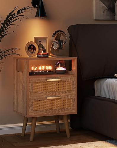 Miniatura 4 de YMYNY Mesita de noche con 2 cajones, mesa auxiliar bohemia, ratán decorado a mano, estante abierto con diseño arqueado, patas de madera maciza,