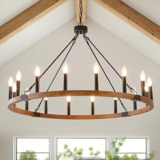 HHR 40 Inch Solid Wood Wagon Wheel Chandelier, 16-Light Farmhouse Chandelier for Dining Room, Modern Chandeliers for Foyer, Kitchen Island, Living Room, Entryway, E12