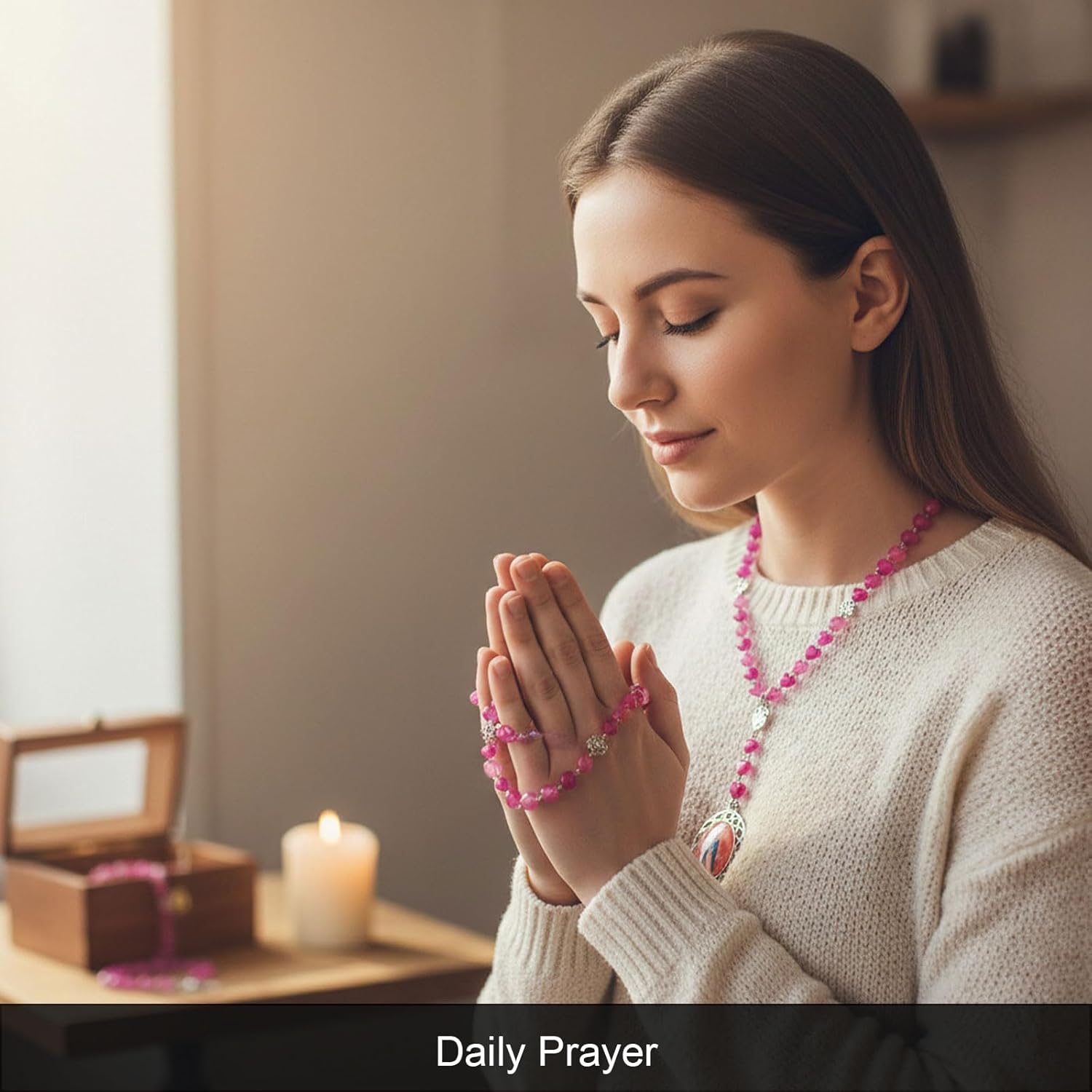 Vintage Glass Heart Beads Rosary Necklace – Elegant Rose Pendant Catholic Prayer Jewelry for Women Daily & Spiritual Wear - Image 4