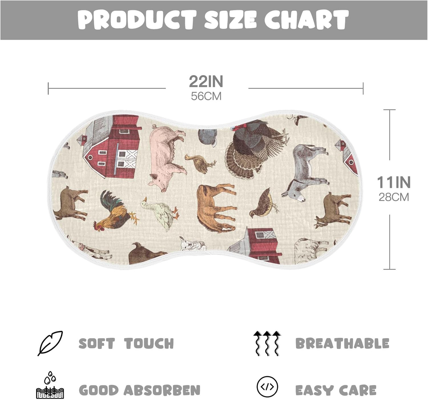 Vintage Farm Animals Burp Cloths Baby Boys Girls Absorbent Soft Cotton Burping Cloths Rags 4 Pack
