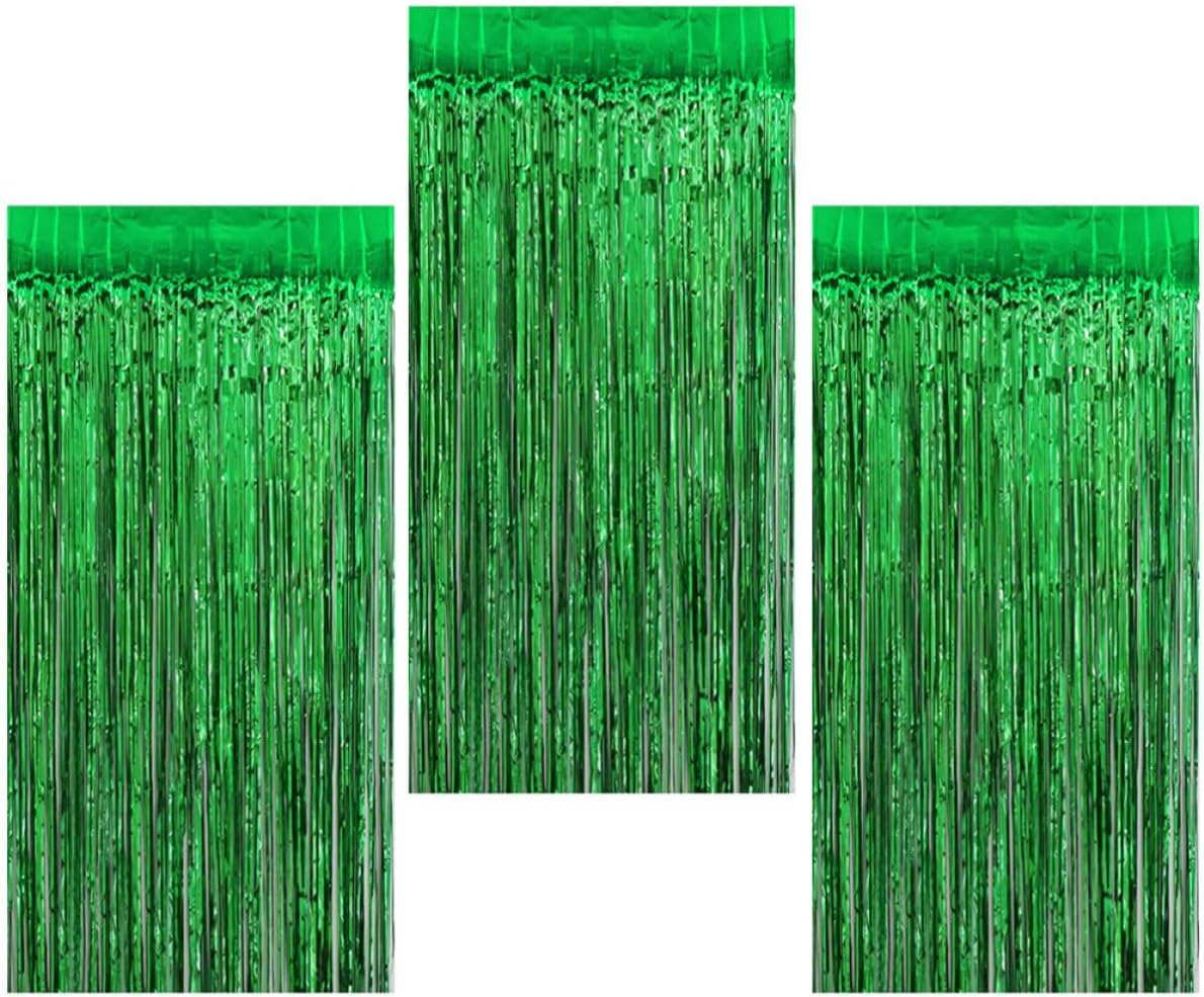 3pcs Green Tinsel Foil Fringe Curtain Backdrop, 2x1m Party Wall Decor | St Patrick's Theme, Plastic Construction, Photo Background, Festive Style