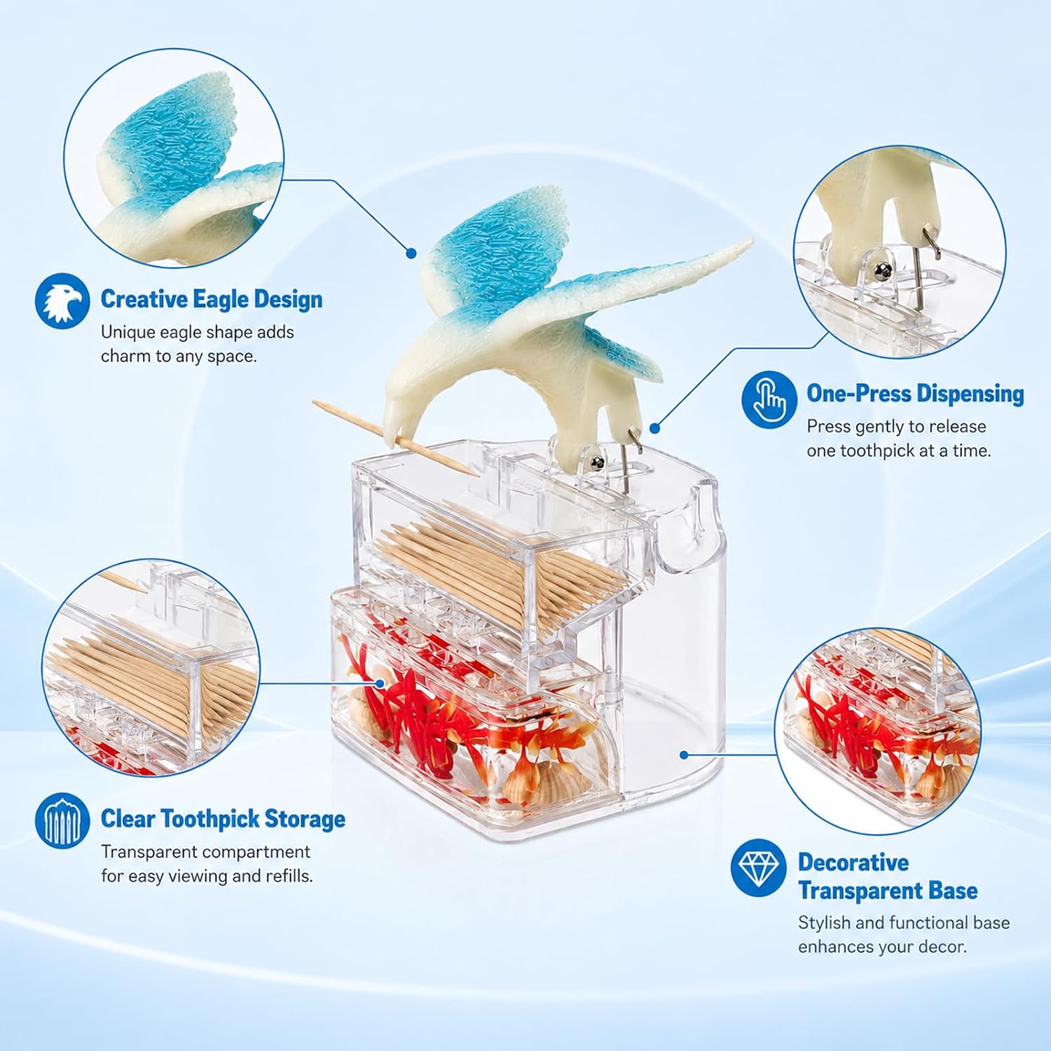 Bird Toothpick Dispenser, Cute Automatic One-Press Toothpick Holder, Clear Refillable Dispenser for Kitchen, Dining Table, Restaurant, Office Desk (Blue, Bottom Flowers Random Color) image 4