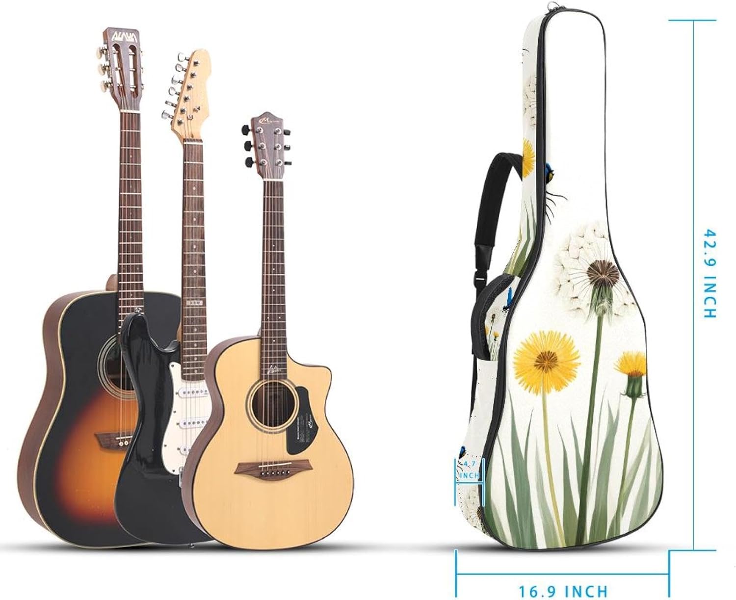 Acoustic Guitar Gig Bag 10mm Thick Padding, Soft Waterproof Guitar Case with Adjustable Backpack Straps for 40-42 Inch Guitar, Flying Blue Dragonflies with Fluffy Dandelions