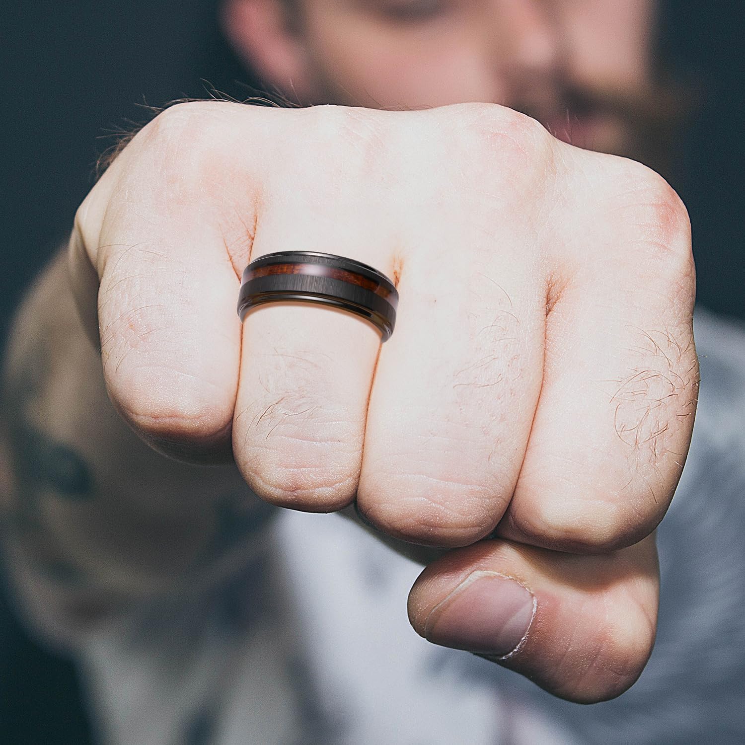 King Will 8mm Black Tungsten Rings, Men's Wedding Rings Meteorite/Foils/Wood Inlay Beveled Edge Wedding Band for Men Women Comfort Fit and Durable