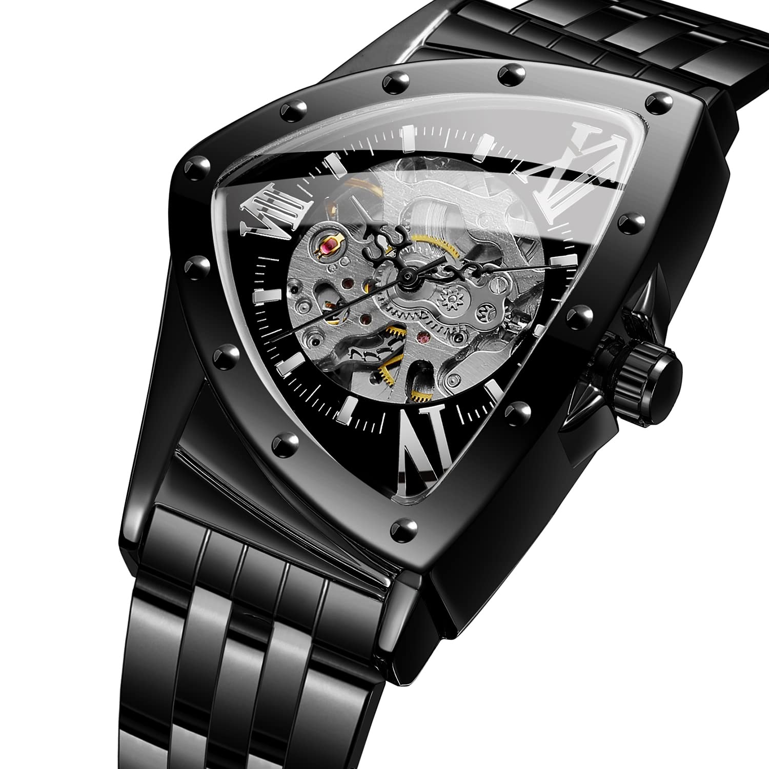 FORSINING Montre pour homme étanche à 30 m Squelette Creux Automatique Éblouissant Rétro Triangle Montre-bracelet