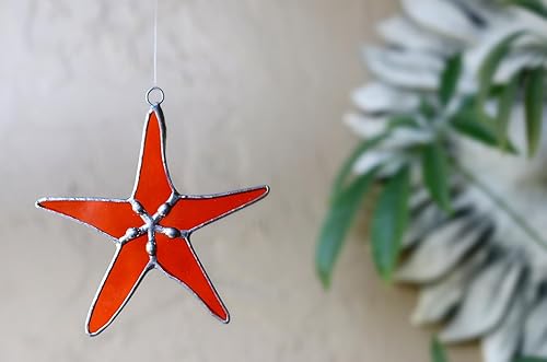 Miniatura 7 de Atrapasoles de estrella de mar naranja 3 pulgadas de vitral colgante para decoración del hogar con encanto costero y detalles de decoración costera