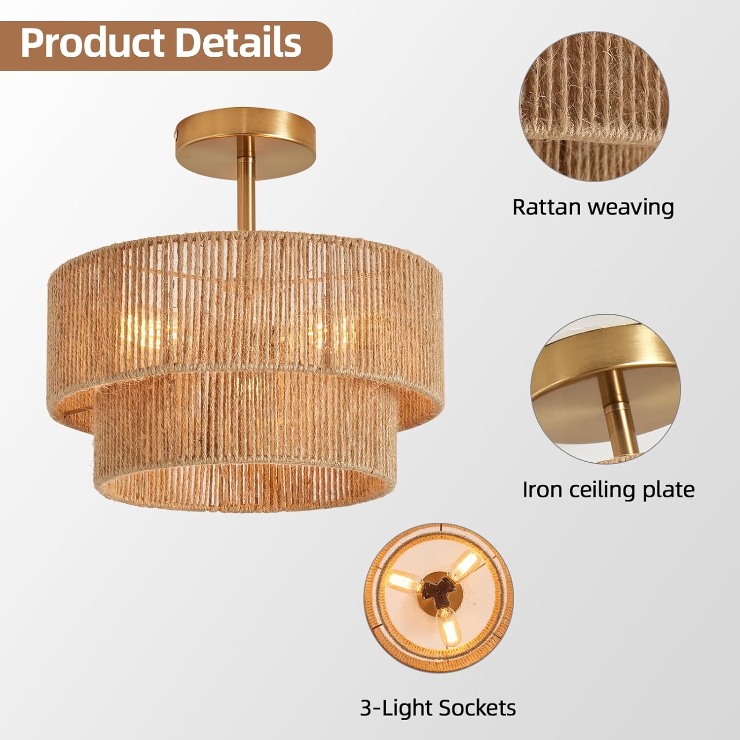 Boho Semi Flush Mount Ceiling Light Gold Rattan Ceiling Light 12.6" Farmhouse Ceiling Lamp with Natural Hemp Rope Lampshade for Dining Room Living Room Bedroom Kitchen