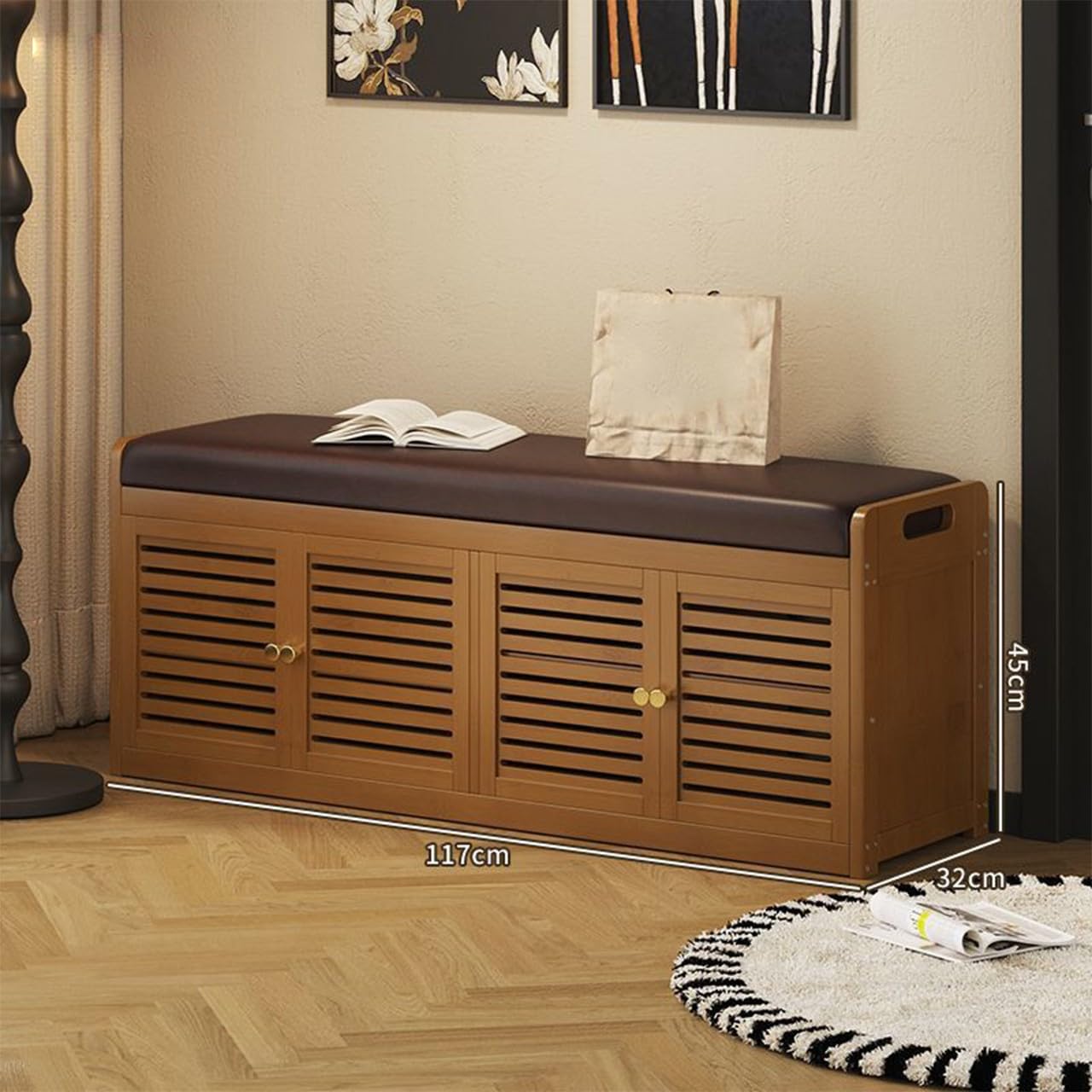 Banc d'entrée multifonctionnel grand rangement 46 paires de chaussures en bambou