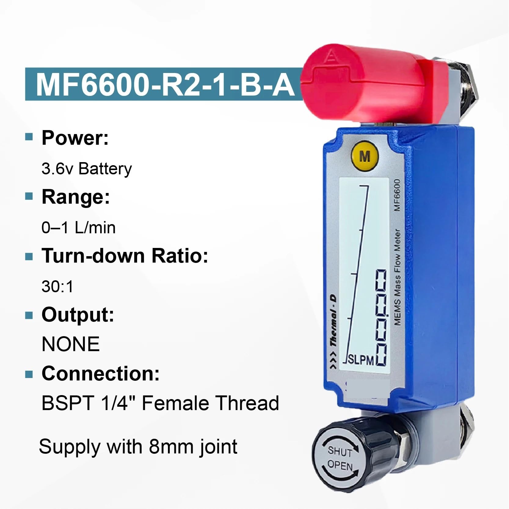 Przepływomierz, MF6600 Zasilany bateryjnie termiczny przepływomierz masowy 0-70 l/min Wyświetlacz LCD 1/4 BSPT Gwint wewnętrzny RS485(Battery-R2-1-B-A)