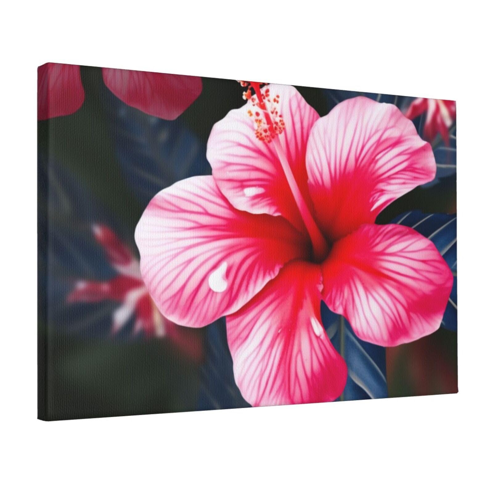 YKLJG Hawaii Pink Flower Printed Wall Art Canvas Prints 45x30 CM Wooden Framed Picture Painting Artwork for Bedroom Kitchen Home Office Decor