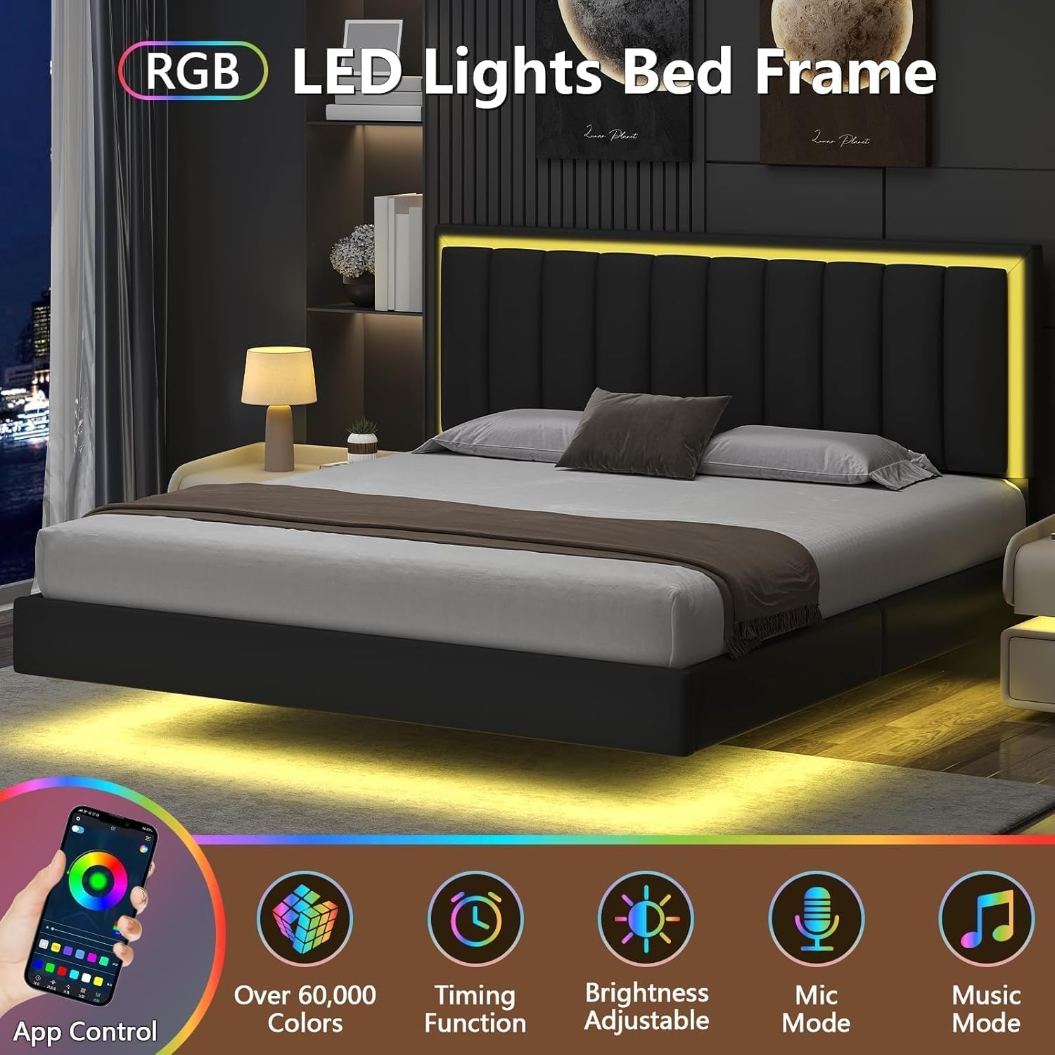 IMMERSTABLE Floating Bed Frame King with LED Lights, Upholstered King Floating Bed Frame and Headboard, Solid Wood Slats Support, No Box Spring Needed, Noise-Free, Easy Assembly, Black
