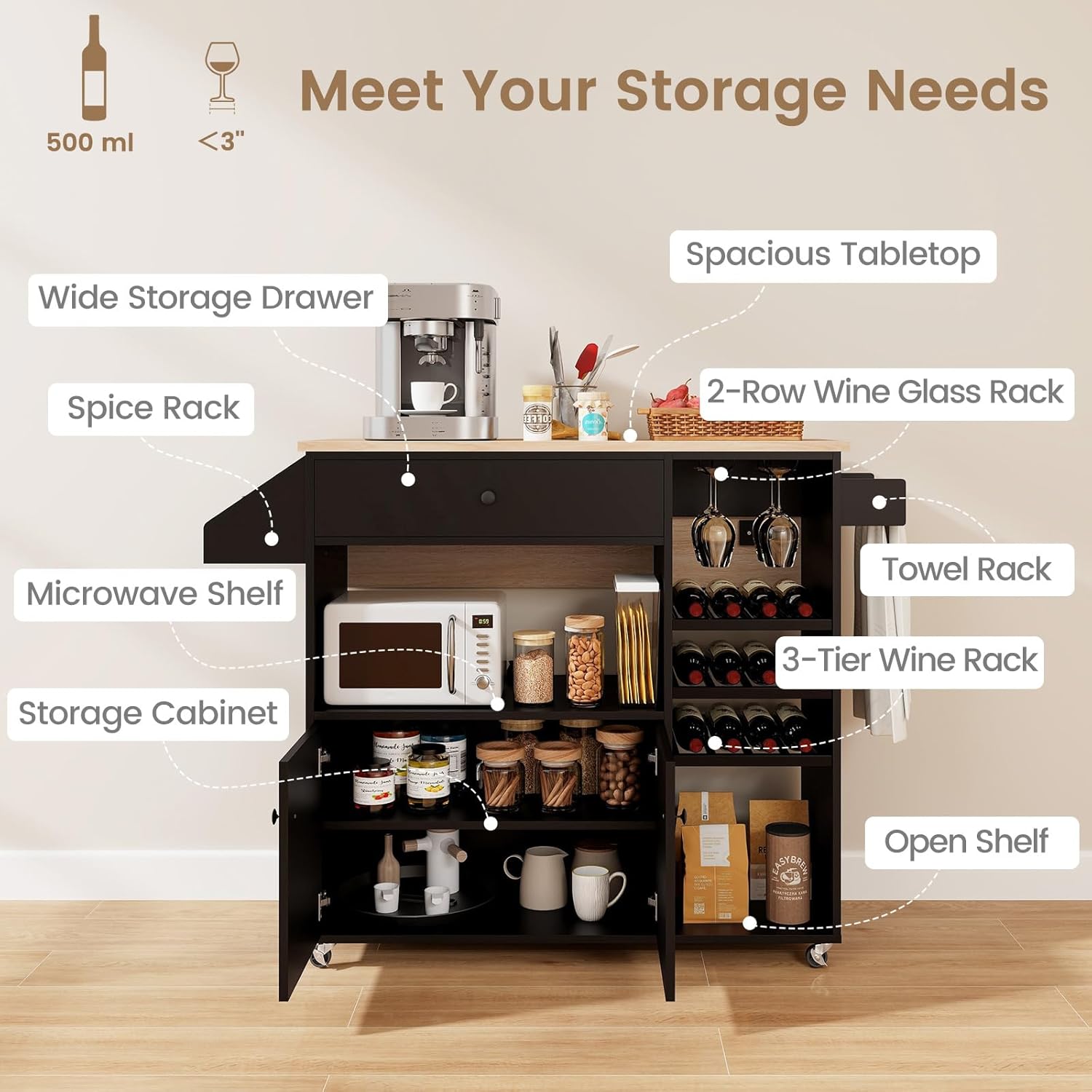 Giantex Rolling Kitchen Island Cart with Drop Leaf, Power Outlet, Spice Rack, 12 Wine Rack, Glass Holder, Drawer, Storage Cabinet, Towel Rack, Island Table for Breakfast Coffee Bar (Black & Natural)