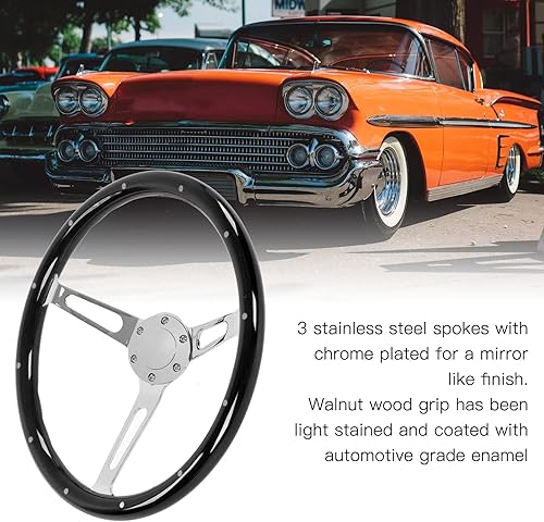 Miniatura 3 de Volante retro, 14.961 in 15 pulgadas, montaje clásico de volante de nogal agarre de 3 radios remachado 6 agujeros modificación universal (negro)