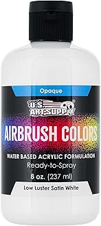 U.S. Art Supply Low Luster Satin White Acrylic Airbrush Paint (8 oz) - Water-Based Opaque Colors for Canvas, Wood & Fabric