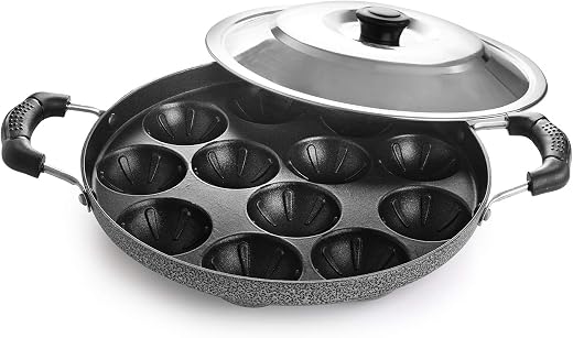 CELLO Non-Stick 12 Cavity Appam Patra with Dual Side Handles &amp; Stainless Steel Lid, Black | Multipurpose Appam Maker, Litt...