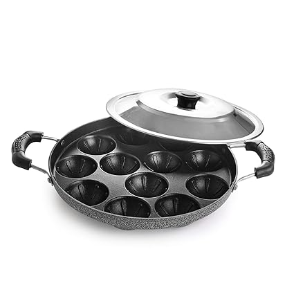 Cello Non-Stick 12 Cavity Grill Appam Patra 2 Side Handle with Stainless Steel Lid | Appam Maker | Appam Patra | Appam pan | Litti Maker | Appe Stand