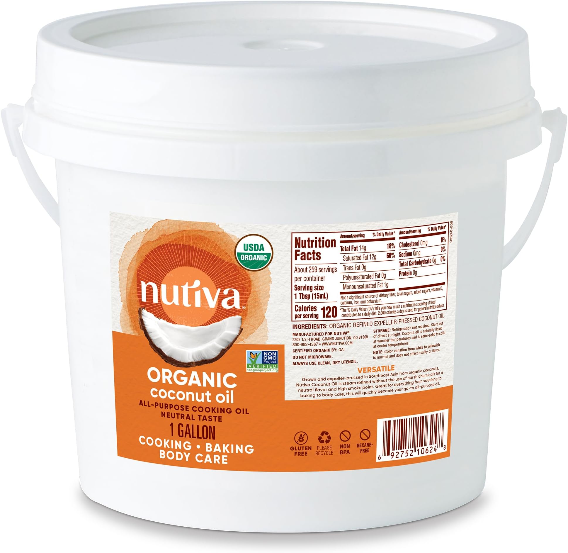 Organic, Neutral Tasting, Steam Refined Coconut Oil, 1-gallon