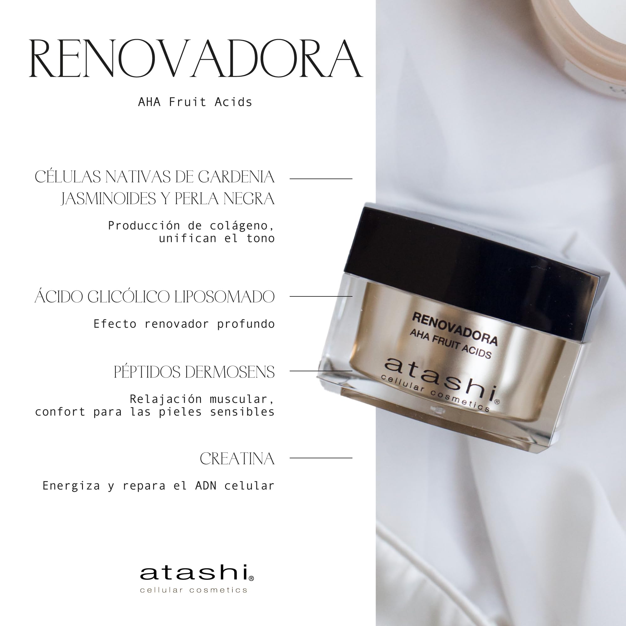 Atashi Antiedad Crema Renovadora AHA Fruit Acids Renovación y Luminosidad | Ayuda a renovar la piel, reducir arrugas profundas, afinar el aspecto de los poros y unificar el tono, 50 ml