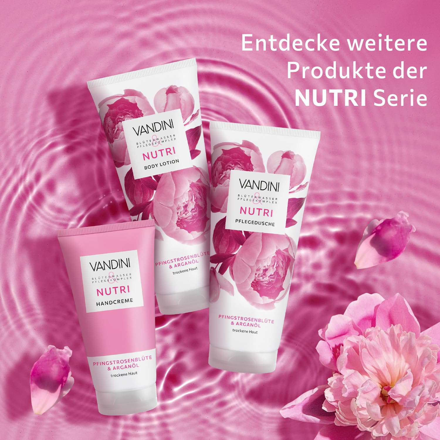 VANDINI NUTRI Crema de manos para mujer, 6 unidades, 75 ml, con flor de peonía y aceite de argán, crema de manos para piel seca, vegana, sin parabenos ni siliconas, dermatológicamente probada