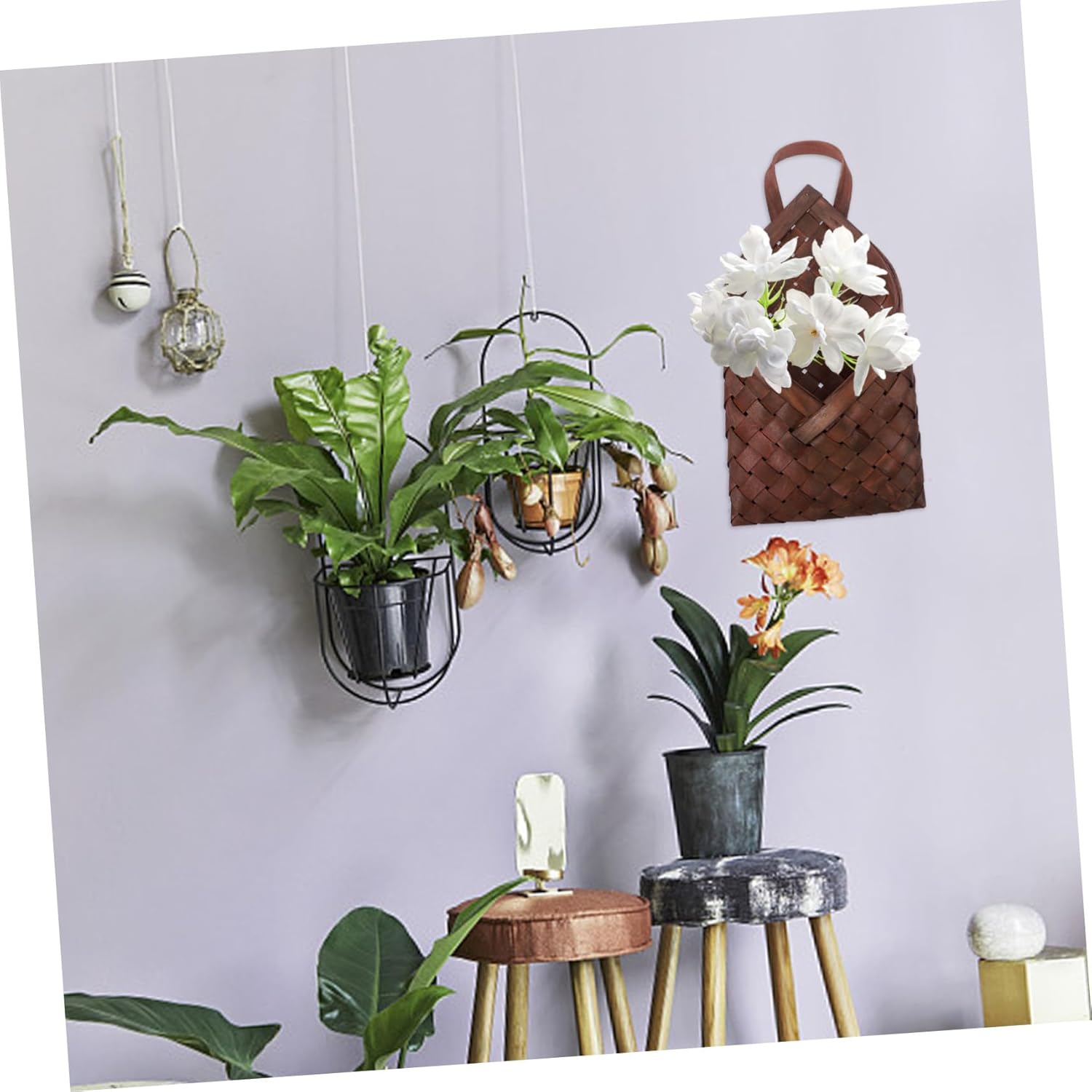 Mikinona Rustic Style Hanging Woven Basket for Decorative Arrangements Versatile Wall Basket Decor for Storage and Organizing Scallop Design for Home Porch Garden