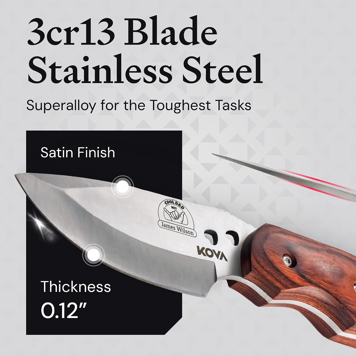 KOVA Personalized Woodland Love Fixed Blade Knife – Satin Stainless Blade, Hardwood Handle, Kydex Sheath – Outdoor, Survival, Hunting, EDC, Gift-Ready, Custom Engraving – 8" Overall, 5.09 oz