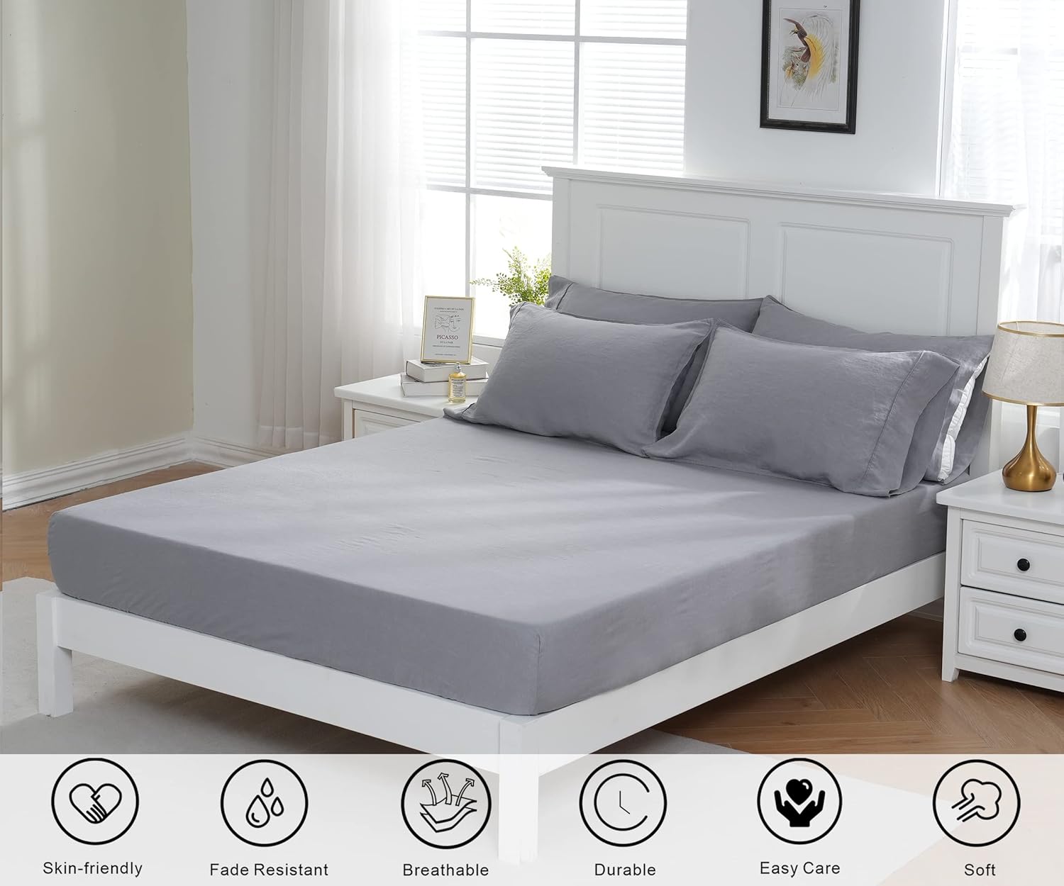 S VICTORY SYMBOL 100% Organic Linen Fitted Sheet 78"x80" Mattress Cover 1 Piece,16inch Deep Pocket,Stone Washed Natural French Flax Bed Sheet,GOTS Certified(King Size,Light Grey)