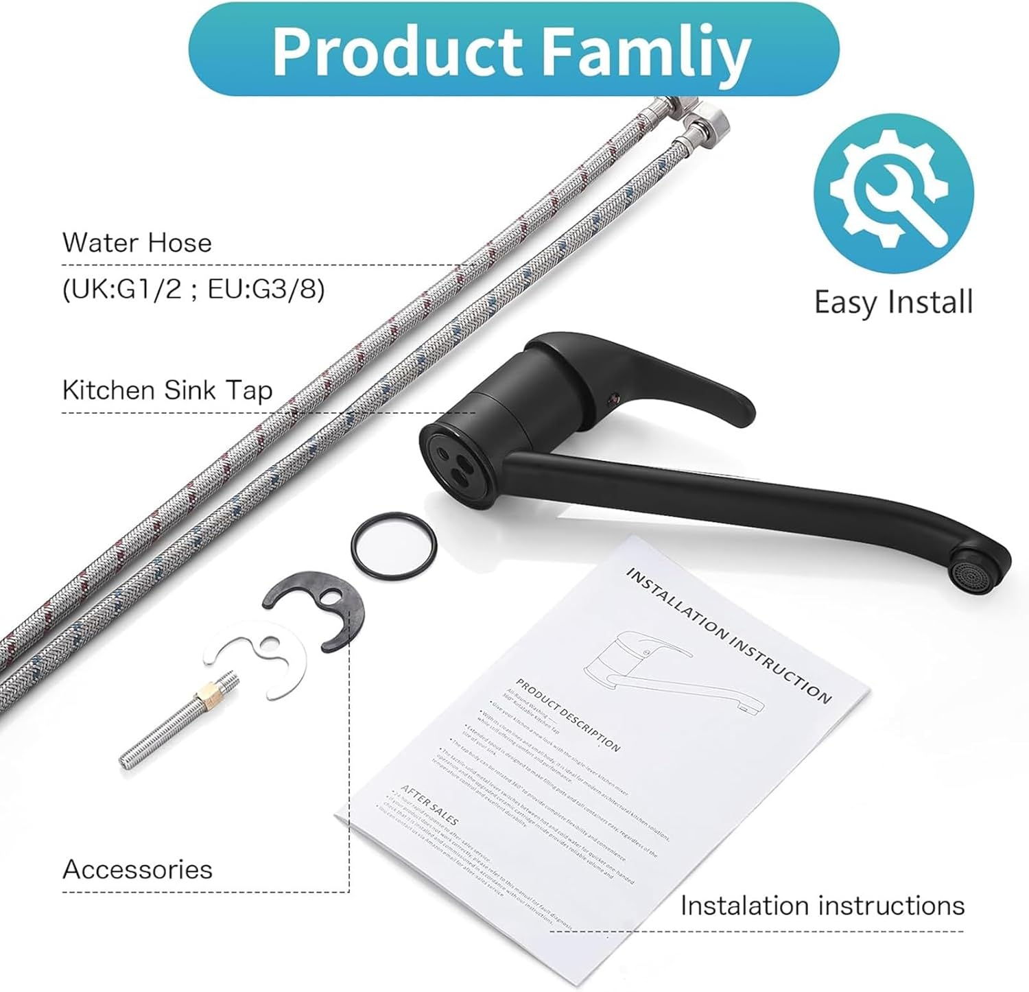 Kitchen Matt Black Sink Mixer Tap, Contemporary Single Lever Kitchen Faucet, 360° Swivel Spout Sink Mixer Tap, with Long Swivel Spout, Long Spout Low Arch Hot Cold Faucet