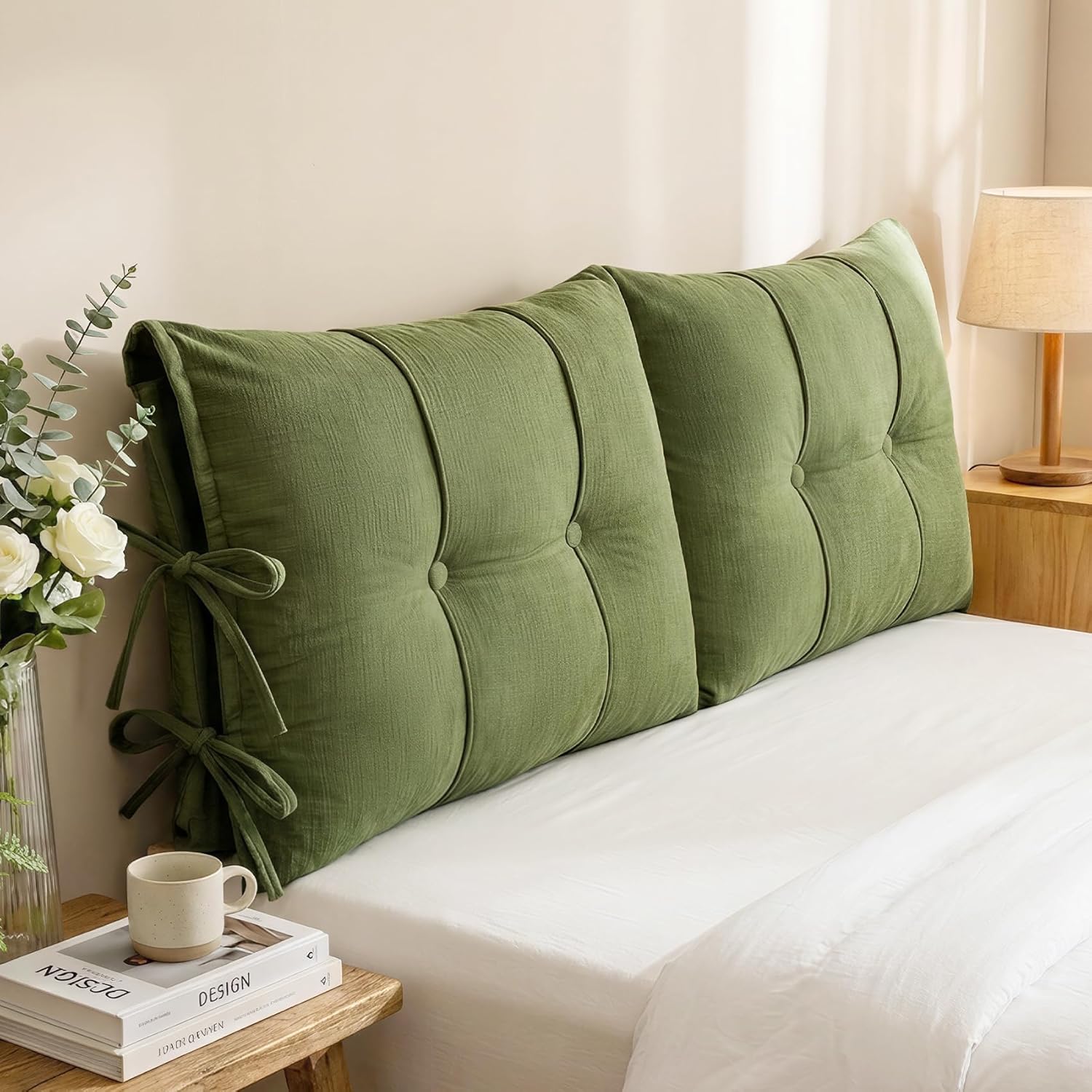 Queen Headboard Pillow, Large Corduroy Full Wrap Anti-Collision Backrest for Solid Wood Bed, Soft Support for Reading & Resting, Removable Washable Cover with Straps, Green, 156x60x10cm