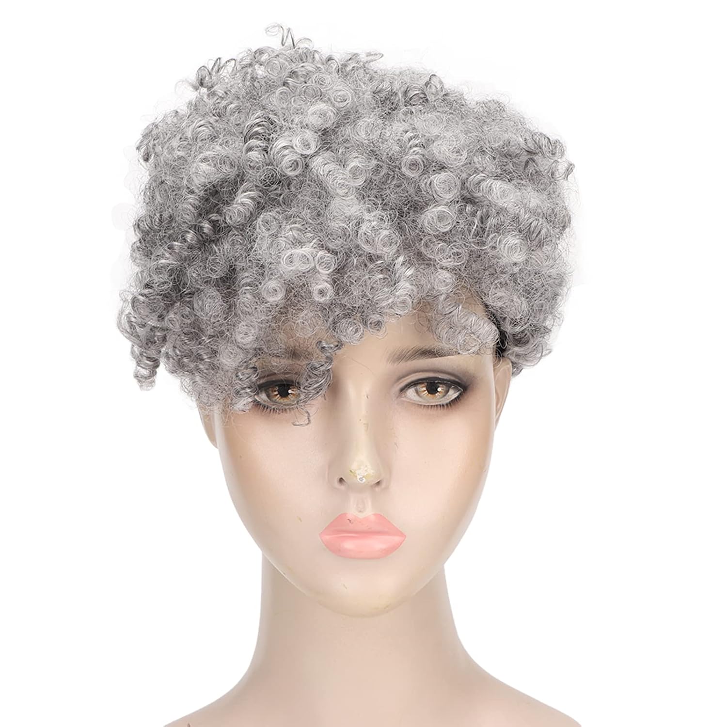 YUYTE Short Curly Afro Wig for Women, Synthetic Grey and with Bangs, Looking Short Hairstyle for Ladies
