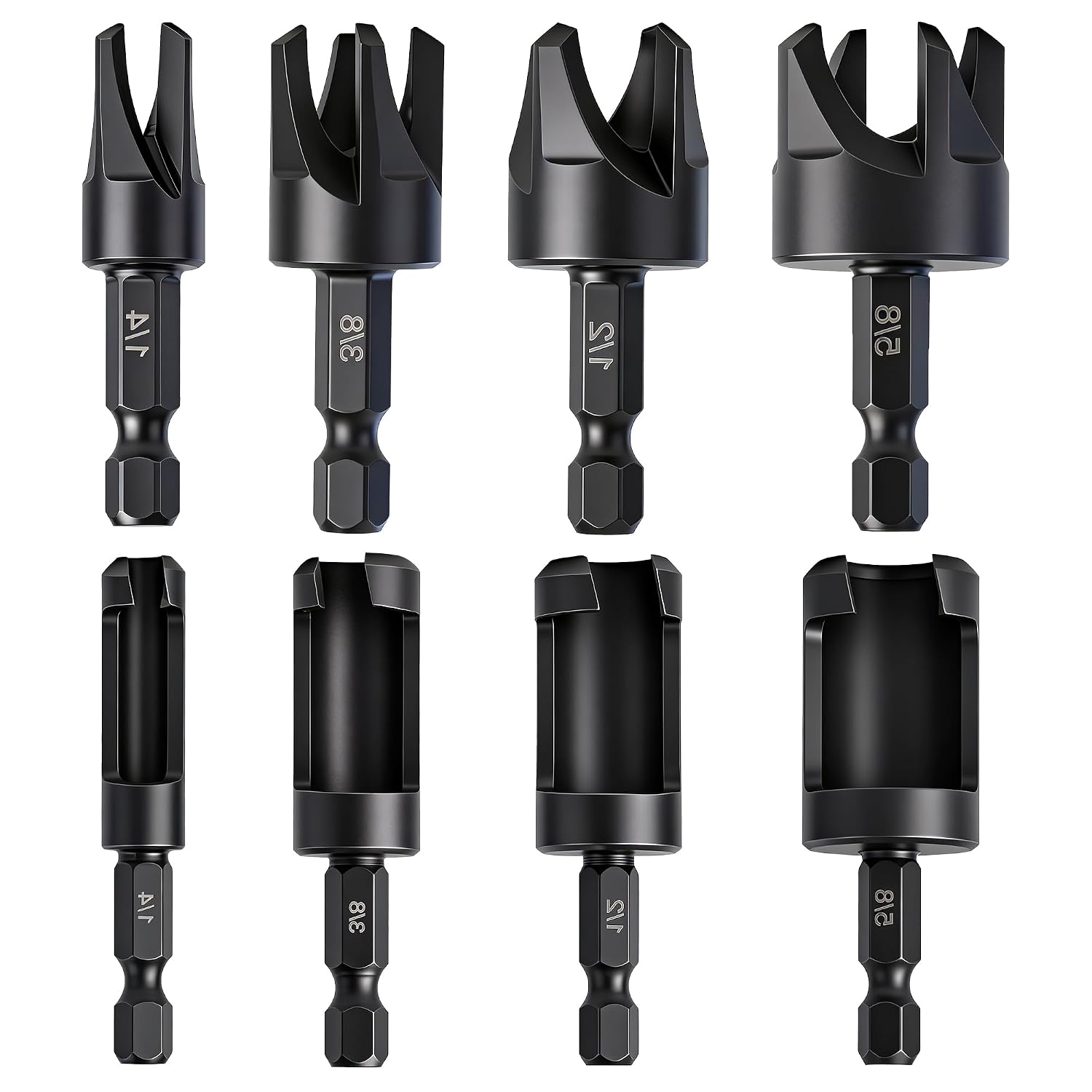 8 Pack Zruosiniy Premium Wood Plug Cutter Drill Bit Set, Straight & Tapered, Carbon Steel with Black Coating, 1/4 "Hex Shank, Sizes 1/4" 3/8 "1/2" 5/8" for Woodworking and Screw Hole Plug Cutting