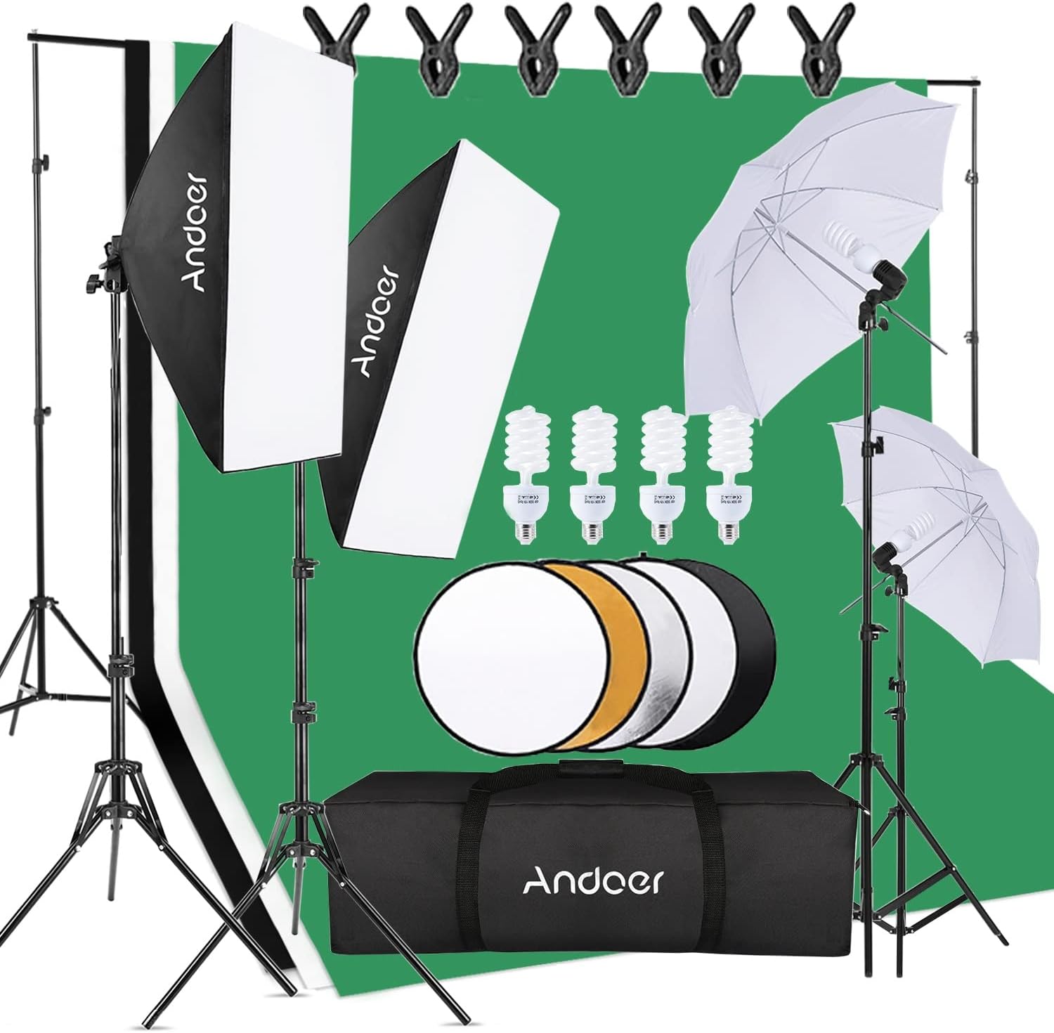 Andoer Photography Umbrellas Softbox Continuous Lighting Kit 800W 5500K - 6ft x 9ft Background Support System with 5in1 Reflector for Photo Studio Portrait and Video Shoot
