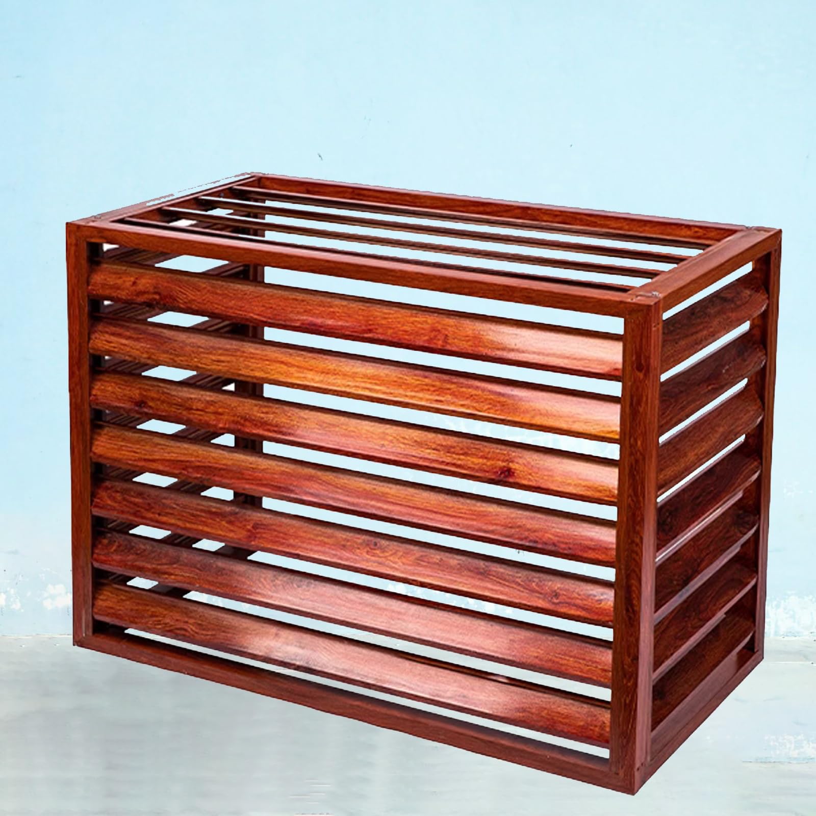 QYMYOZ Outdoor Air Conditioner Cover - Windproof & Sunproof Privacy Fence Screen, Freestanding Mahogany Color Plant Shelf, 110x80x60cm, Ideal for Balcony & Patio Protection