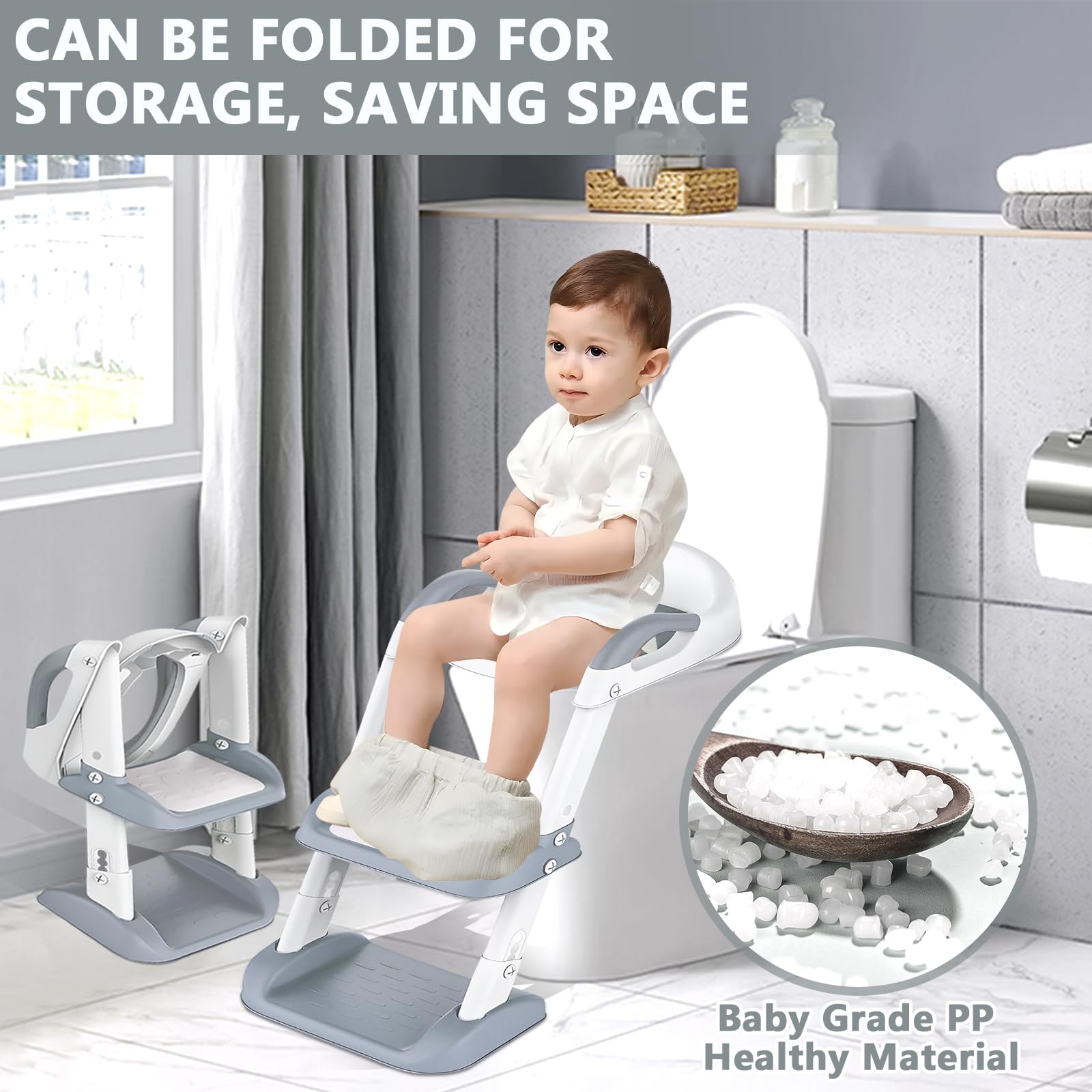 NCIKIHRKK Reducteur Toilette Enfant, Réducteur WC Enfant avec Escalier, Pot Bebe Toilette, Rehausseur Toilette Enfant avec Coussin Moelleux, Pliable Adaptateur toilette Enfants en Forme de V, U, O