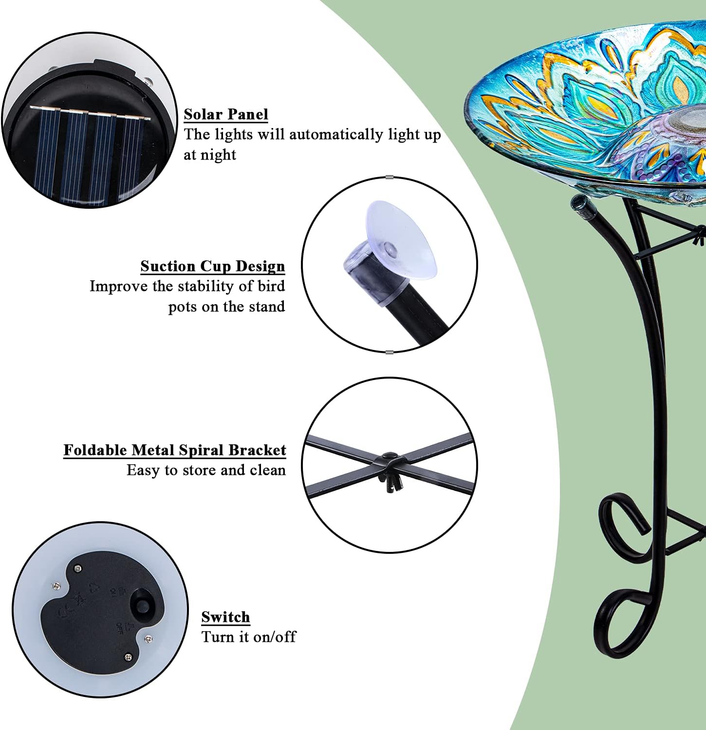 Glass Bird Bath Outdoor with Metal Stand for Lawn Yard Garden Decor Solar Large BirdBath Peacock Bird Feeder