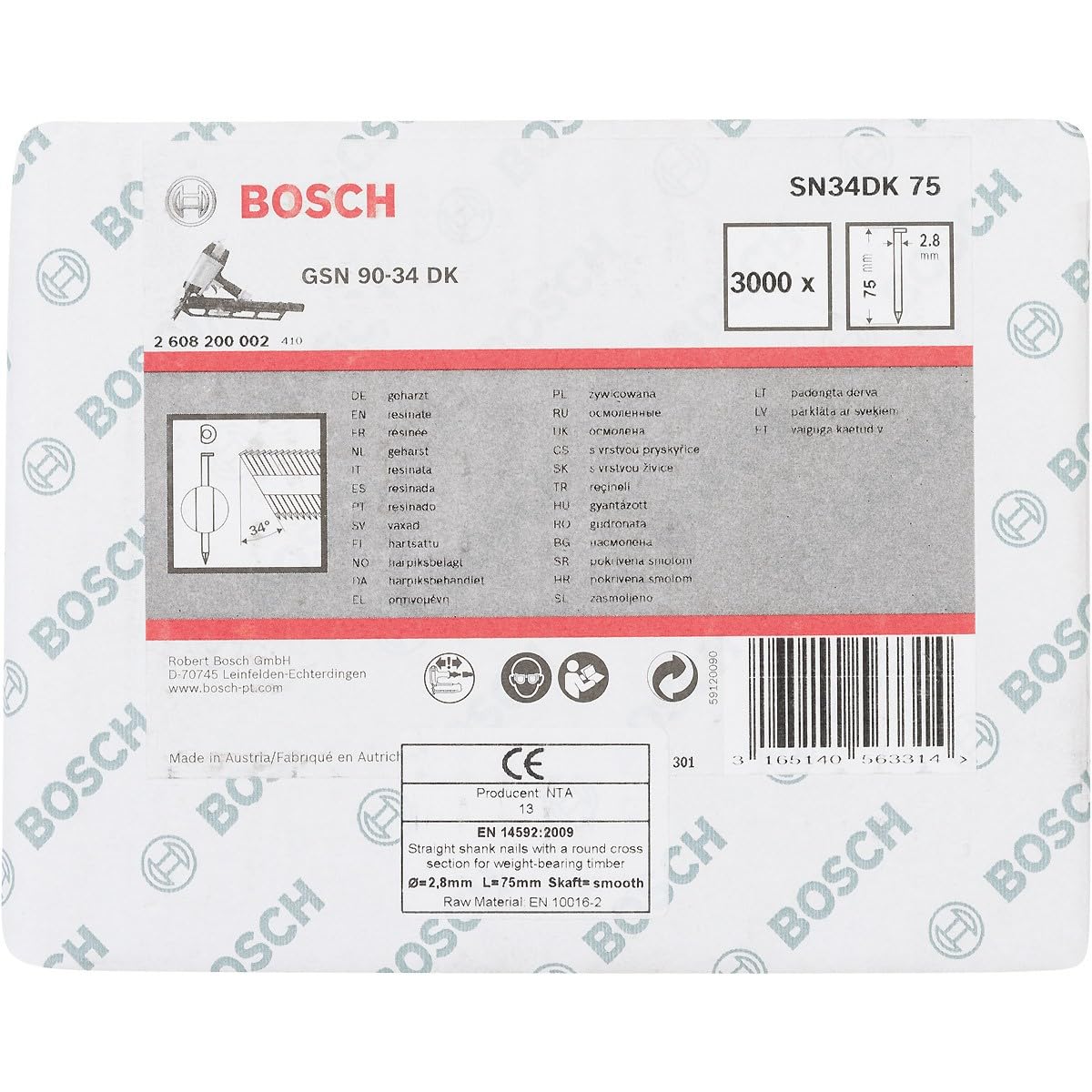 Bosch 3000x PRO SN34CH, Streifennagel, 34° mit abgeschnittenem Kopf (Länge 75 mm,)