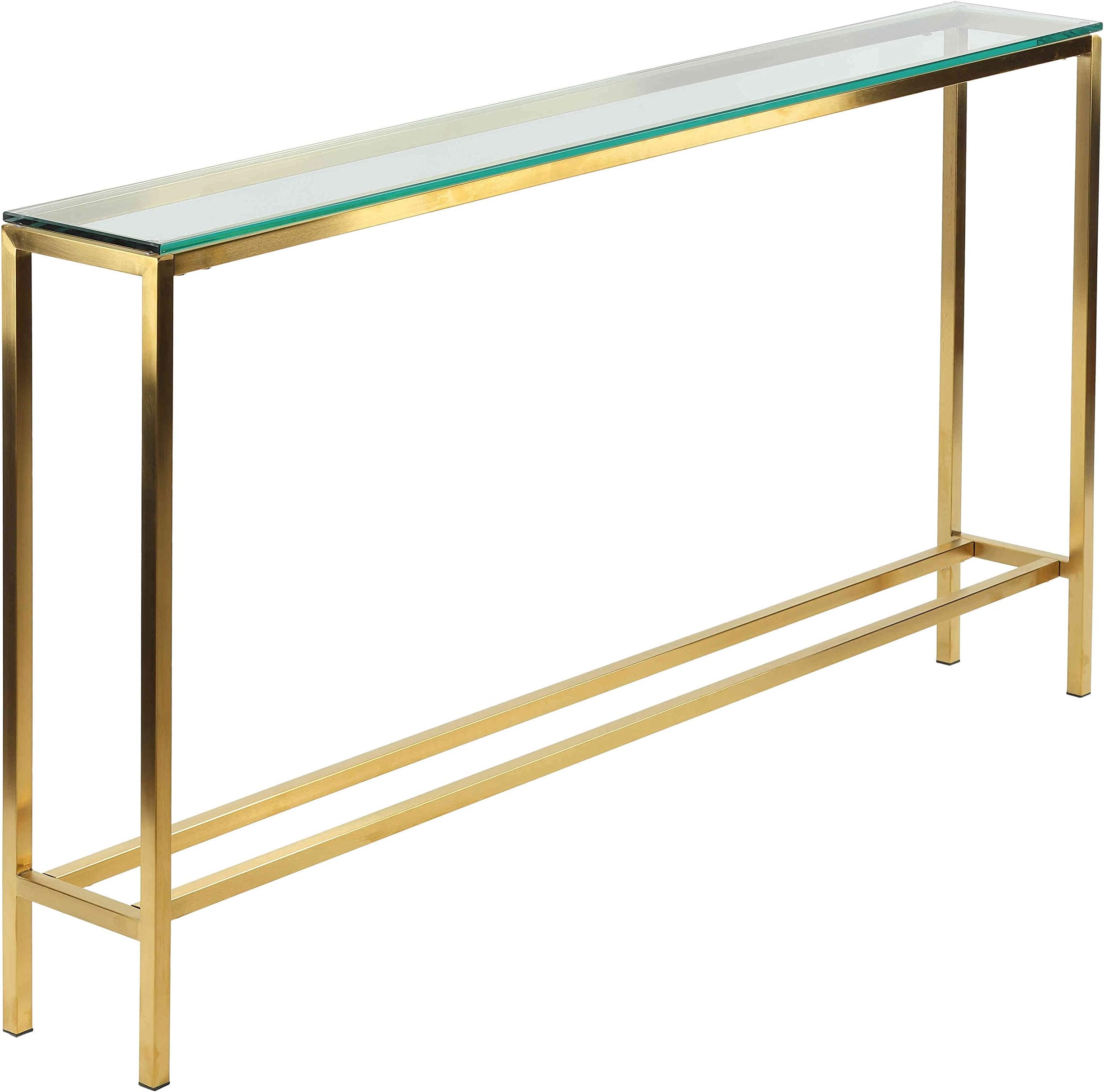 Cortesi Home Juan Console Table, Skinny 56" x 8", Brushed Gold Color with Clear 10mm Glass,CH-AT656930